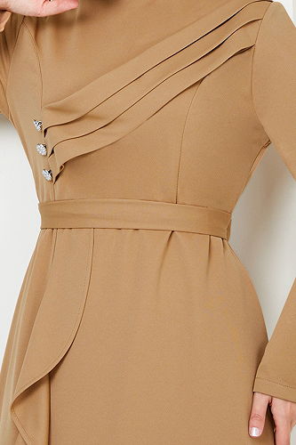 moda selvim Draped Hijab Evening Dress 12241PL940-M Latte - Thumbnail