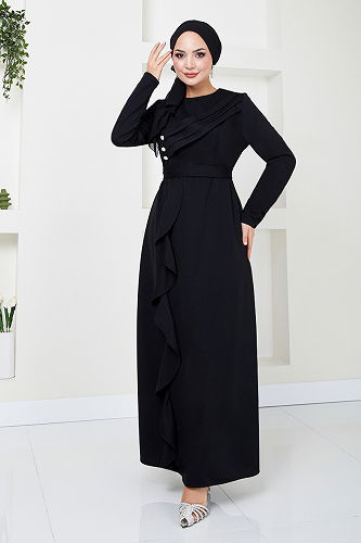 moda selvim Draped Hijab Evening Dresses 12241PL940-M Black - Thumbnail
