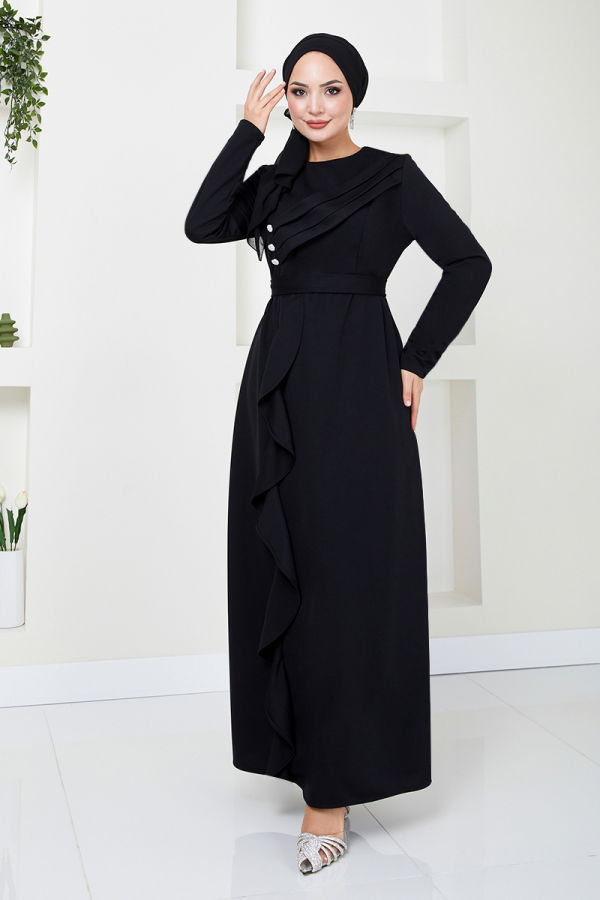 Modaselvim NET 20%+20% DISCOUNT IN THE CARD Draped Hijab Evening Dresses 12241PL940-M Black