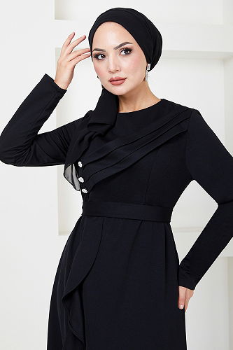 moda selvim Draped Hijab Evening Dresses 12241PL940-M Black - Thumbnail