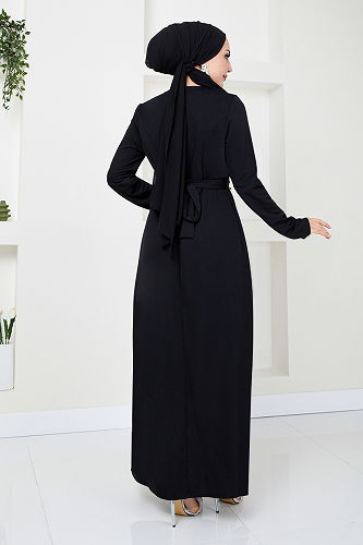 moda selvim Draped Hijab Evening Dresses 12241PL940-M Black - Thumbnail