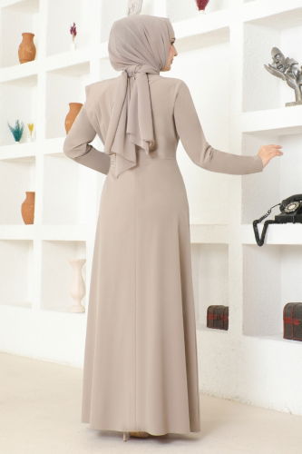 moda selvim Draped Stone Detail Dress ASM2693-1 Beige - Thumbnail