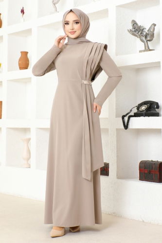 moda selvim Draped Stone Detail Dress ASM2693-1 Beige - Thumbnail