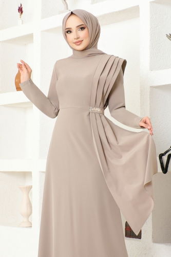 moda selvim Draped Stone Detail Dress ASM2693-1 Beige - Thumbnail