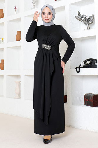 moda selvim Draped Stone Embroidered Evening Dress 5020SL890 Black - Thumbnail