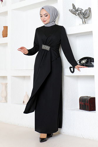 moda selvim Draped Stone Embroidered Evening Dress 5020SL890 Black - Thumbnail