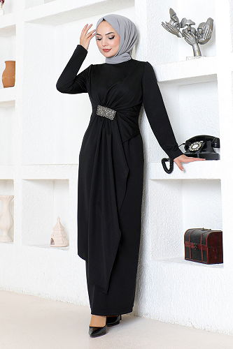 moda selvim Draped Stone Embroidered Evening Dress 5020SL890 Black - Thumbnail