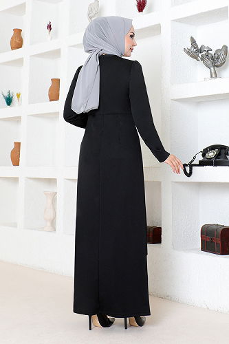 moda selvim Draped Stone Embroidered Evening Dress 5020SL890 Black - Thumbnail