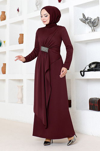 moda selvim Draped Stone Embroidered Evening Dress 5020SL890 Burgundy - Thumbnail