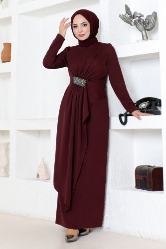 MRV S.L. - Draped Stone Embroidered Evening Dress 5020SL890 Burgundy