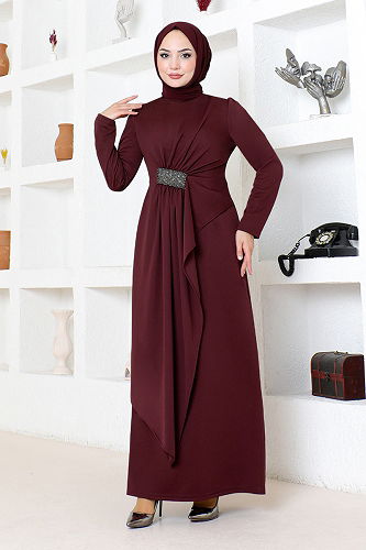 moda selvim Draped Stone Embroidered Evening Dress 5020SL890 Burgundy - Thumbnail