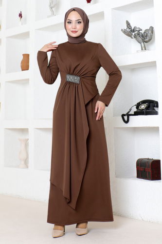 MRV S.L. - Draped Stone Embroidered Evening Dress 5020SL890 Coffee