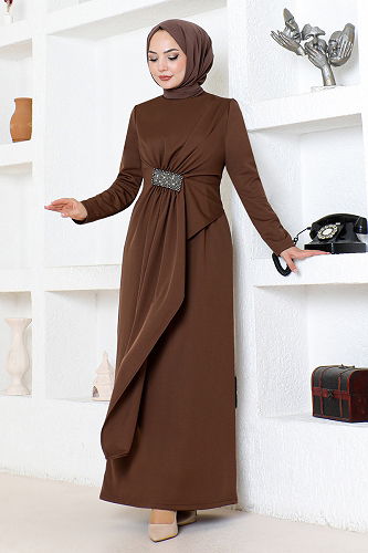 moda selvim Draped Stone Embroidered Evening Dress 5020SL890 Coffee - Thumbnail