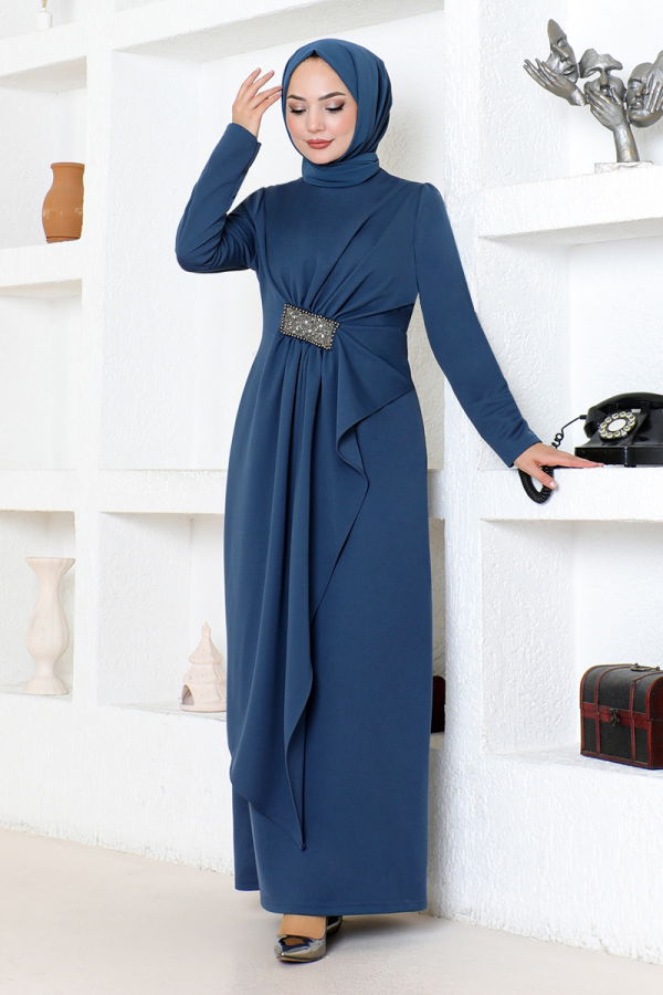 Modaselvim NET 20%+20% DISCOUNT IN THE CARD Draped Stone Embroidered Evening Dress 5020SL890 Indigo