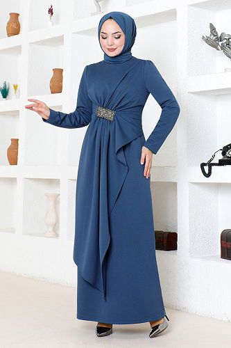 moda selvim Draped Stone Embroidered Evening Dress 5020SL890 Indigo - Thumbnail