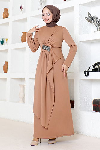 moda selvim Draped Stone Embroidered Evening Dress 5020SL890 Latte - Thumbnail