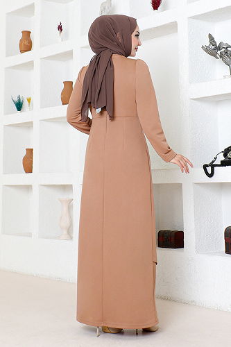 moda selvim Draped Stone Embroidered Evening Dress 5020SL890 Latte - Thumbnail