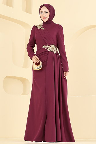 moda selvim Drapeli Dantel İşleme Abiye ASM2866 Bordo - Thumbnail