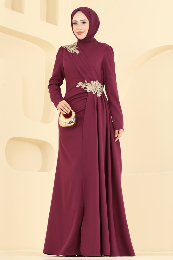 Modaselvim ABİYE Drapeli Dantel İşleme Abiye ASM2866 Bordo