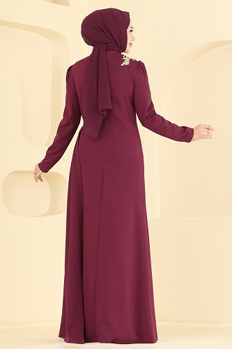 moda selvim Drapeli Dantel İşleme Abiye ASM2866 Bordo - Thumbnail