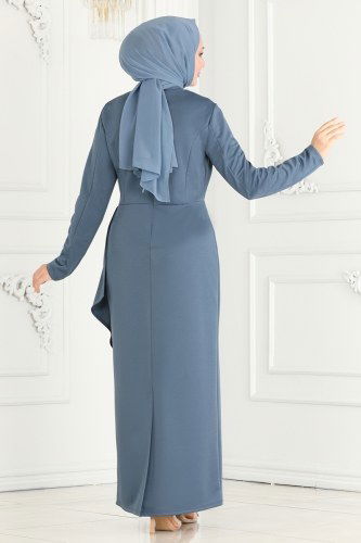 moda selvim Drapeli Kalem Abiye Elbise ASM2580 Açık İndigo - Thumbnail