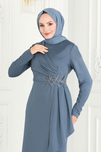 moda selvim Drapeli Kalem Abiye Elbise ASM2580 Açık İndigo - Thumbnail