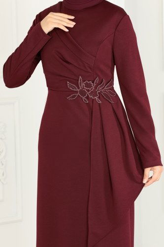 moda selvim Drapeli Kalem Abiye Elbise ASM2580 Bordo - Thumbnail