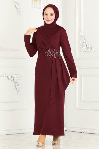 moda selvim Drapeli Kalem Abiye Elbise ASM2580 Bordo - Thumbnail