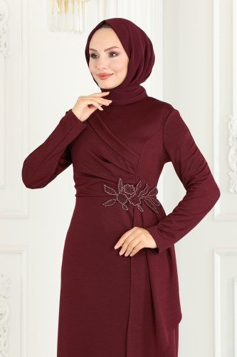 moda selvim Drapeli Kalem Abiye Elbise ASM2580 Bordo - Thumbnail