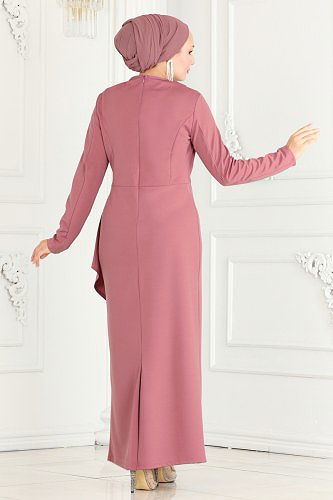 moda selvim Drapeli Kalem Abiye Elbise ASM2580 Gül Kurusu - Thumbnail