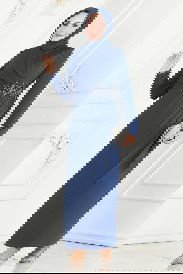 Modaselvim SEPETTE NET %20+%20 İNDİRİM Drapeli Kalem Abiye Elbise ASM2580 İndigo