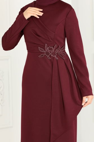 moda selvim Drapeli Kalem Elbise ASM2580 Bordo - Thumbnail