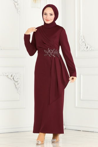 moda selvim Drapeli Kalem Elbise ASM2580 Bordo - Thumbnail