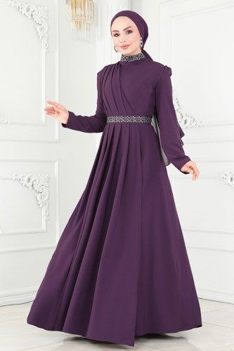 moda selvim Drapeli Krep Abiye Elbise ASM2611 Mor - Thumbnail