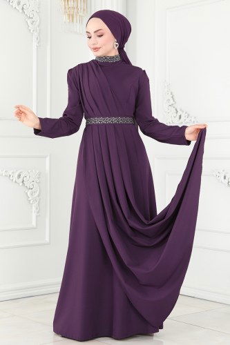 moda selvim Drapeli Krep Abiye Elbise ASM2611 Mor - Thumbnail