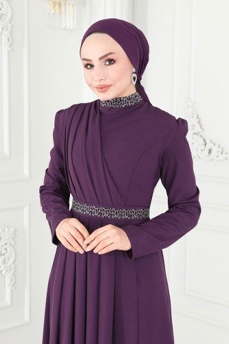 moda selvim Drapeli Krep Abiye Elbise ASM2611 Mor - Thumbnail