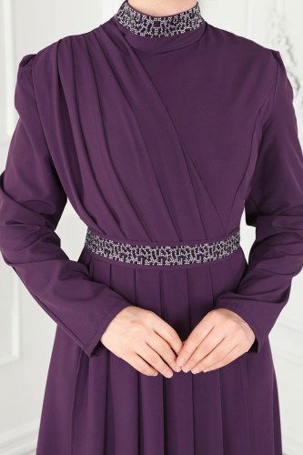moda selvim Drapeli Krep Abiye Elbise ASM2611 Mor - Thumbnail