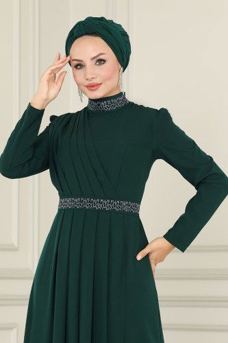 moda selvim Drapeli Krep Abiye Elbise ASM2611 Zümrüt - Thumbnail