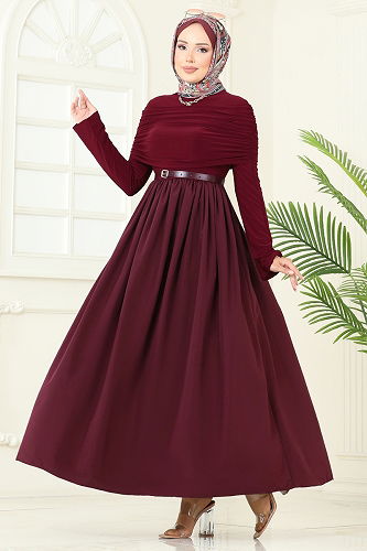moda selvim Drapeli Sandy Elbise 2421ANT466 Bordo - Thumbnail