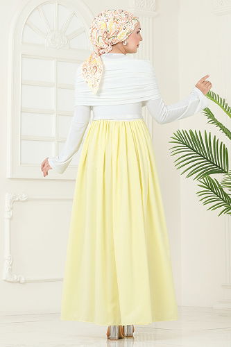 moda selvim Drapeli Sandy Elbise 2421ANT466 Sarı - Thumbnail