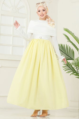 moda selvim Drapeli Sandy Elbise 2421ANT466 Sarı - Thumbnail