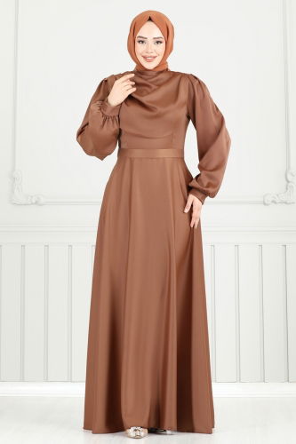 moda selvim Drapeli Saten Abiye 5681EDF311 Açık Kahve - Thumbnail