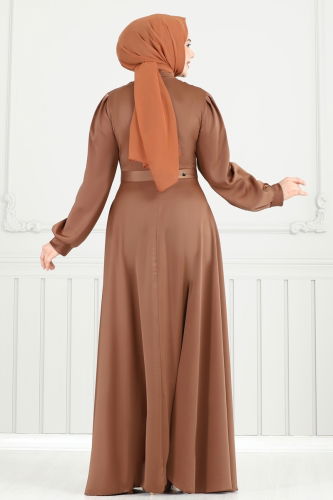 moda selvim Drapeli Saten Abiye 5681EDF311 Açık Kahve - Thumbnail