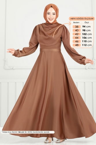 moda selvim Drapeli Saten Abiye 5681EDF311 Açık Kahve - Thumbnail