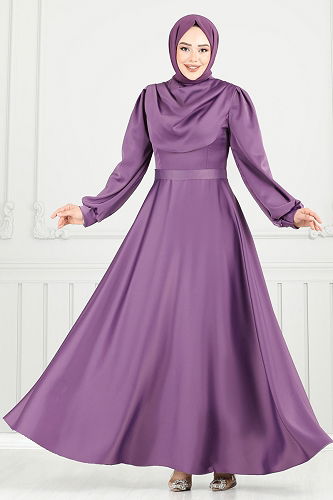 moda selvim Drapeli Saten Abiye 5681EDF311 Koyu Lila - Thumbnail