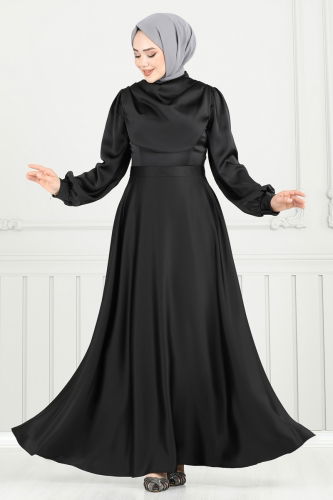 moda selvim Drapeli Saten Abiye 5681EDF311 Siyah - Thumbnail