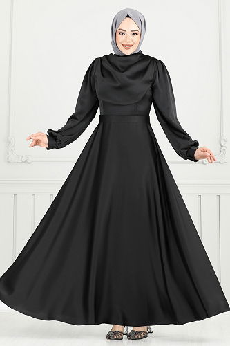 moda selvim Drapeli Saten Abiye 5681EDF311 Siyah - Thumbnail