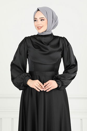 moda selvim Drapeli Saten Abiye 5681EDF311 Siyah - Thumbnail