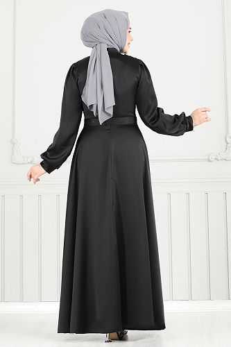 moda selvim Drapeli Saten Abiye 5681EDF311 Siyah - Thumbnail