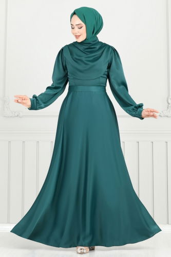 moda selvim Drapeli Saten Abiye 5681EDF311 Zümrüt - Thumbnail